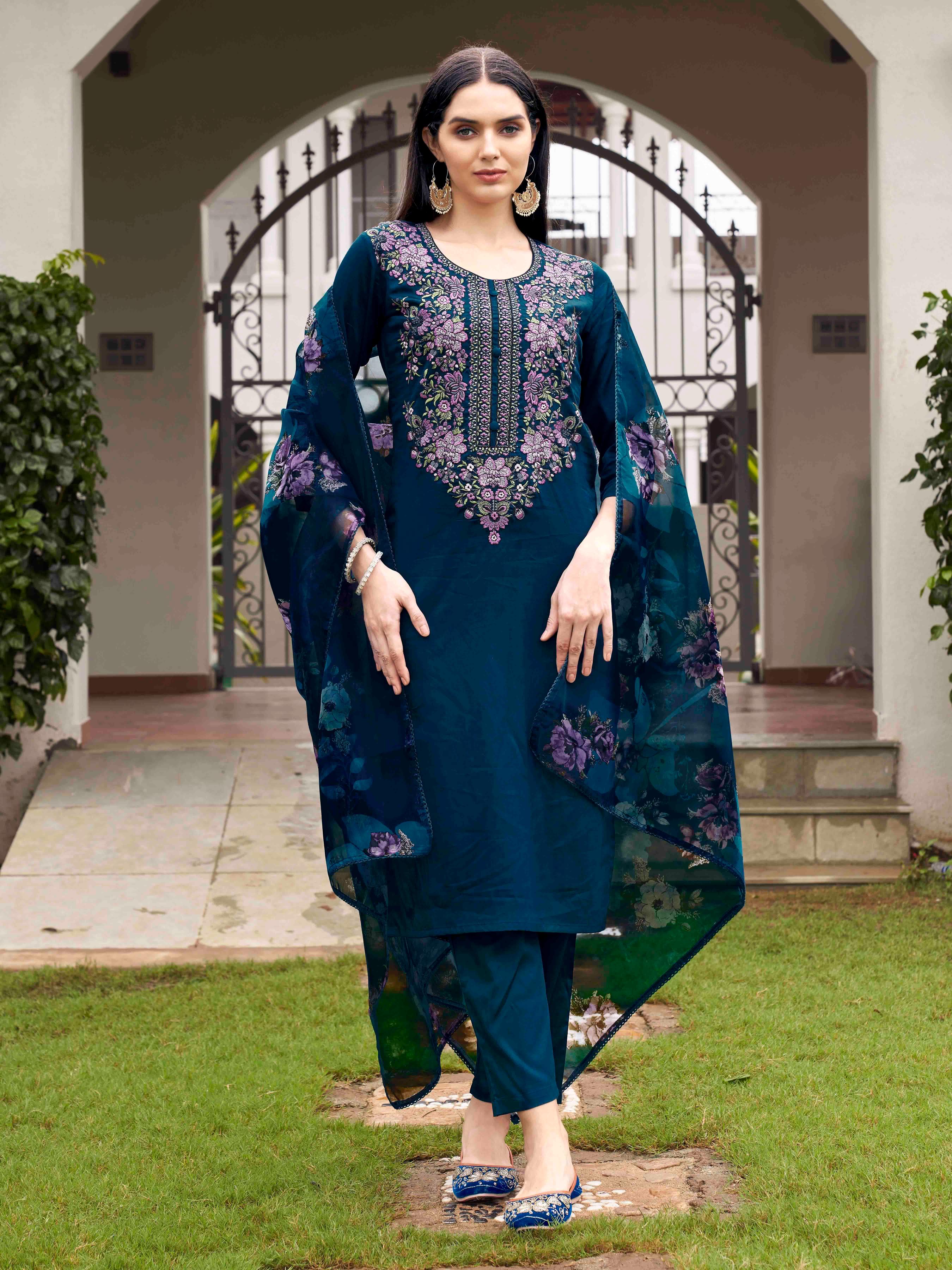 Teal Blue Color Cotton Blend Multi Embroidered Kurta Set With Printed Organza Dupatta